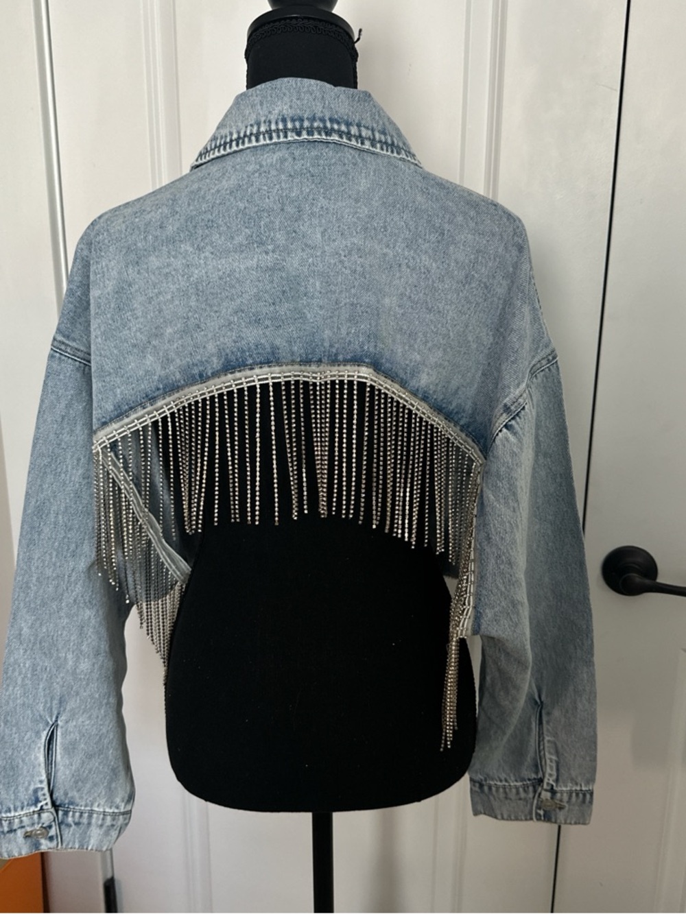 Forever 21 Light Blue Denim Cropped Jacket with Silver Fringe